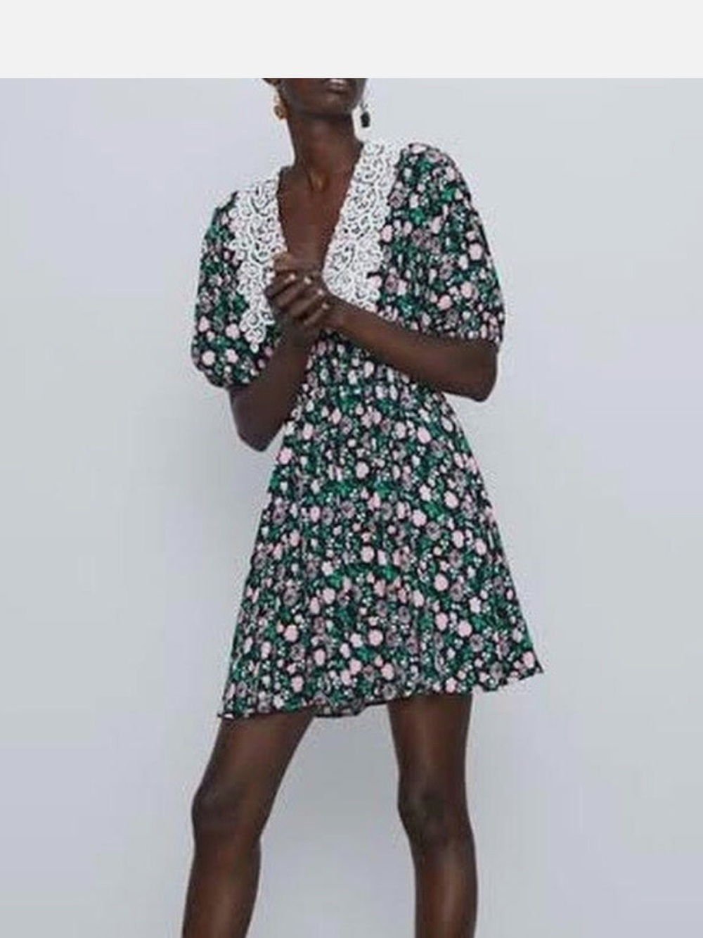 ZARA Floral Print Mini Dress with Lace Peter Pan Collar